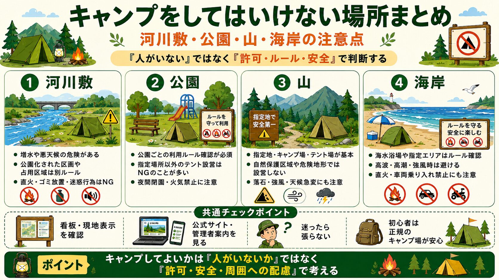キャンプをしてはいけない場所を、河川敷・公園・山・海岸ごとの注意点と共通チェックポイントで説明したイラスト画像。