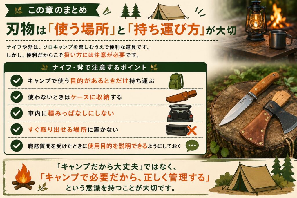 キャンプでのナイフ・斧の安全な持ち運び方と管理方法をまとめたインフォグラフィック。