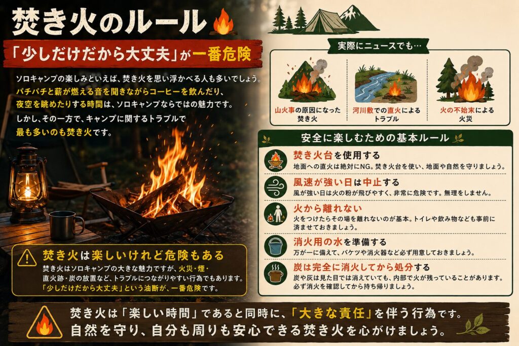 焚き火のルールと安全対策を、実例や注意点とともに分かりやすく解説したインフォグラフィック。