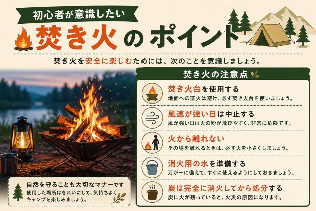初心者向けに焚き火を安全に楽しむポイントと注意点をまとめたインフォグラフィック。