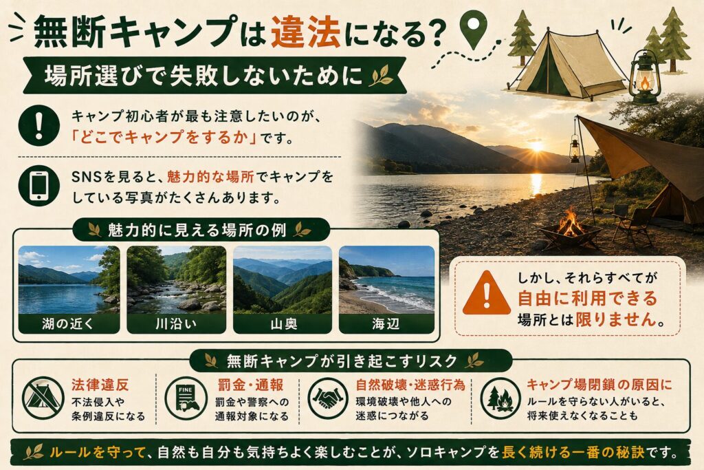 無断キャンプが違法となる理由やリスク、場所選びの注意点を解説したインフォグラフィック。