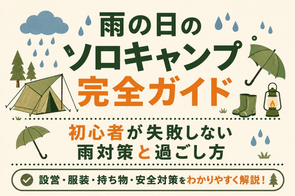 雨の日のソロキャンプ完全ガイドとして、初心者向けの雨対策や過ごし方を紹介する文字メインのアイキャッチ画像。