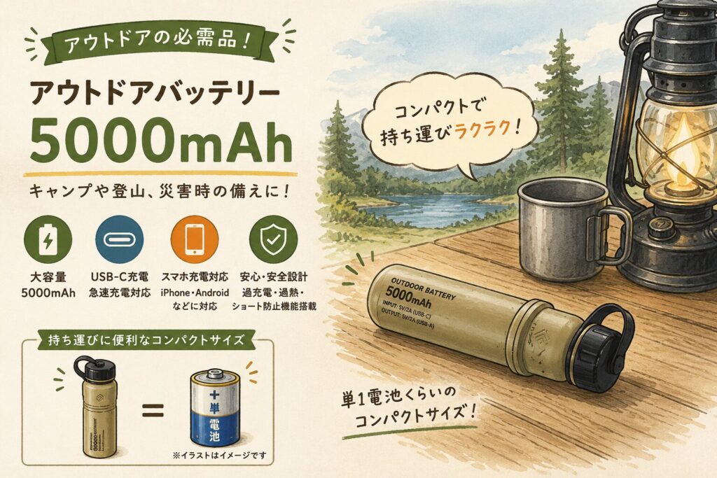 5000mAhアウトドアバッテリーの特徴を紹介するイラスト。