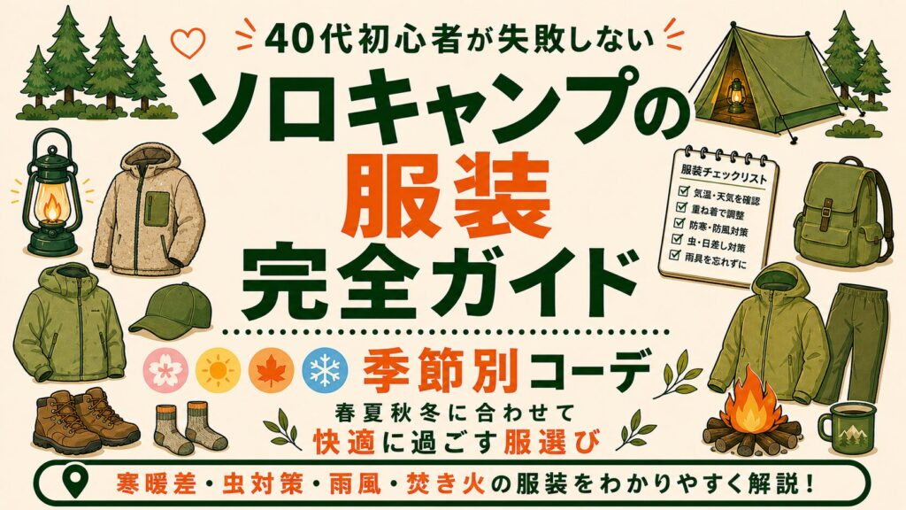 40代初心者向けに、ソロキャンプで失敗しない服装選びを季節別に紹介するアイキャッチ画像。