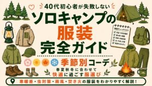 40代初心者向けに、ソロキャンプで失敗しない服装選びを季節別に紹介するアイキャッチ画像。