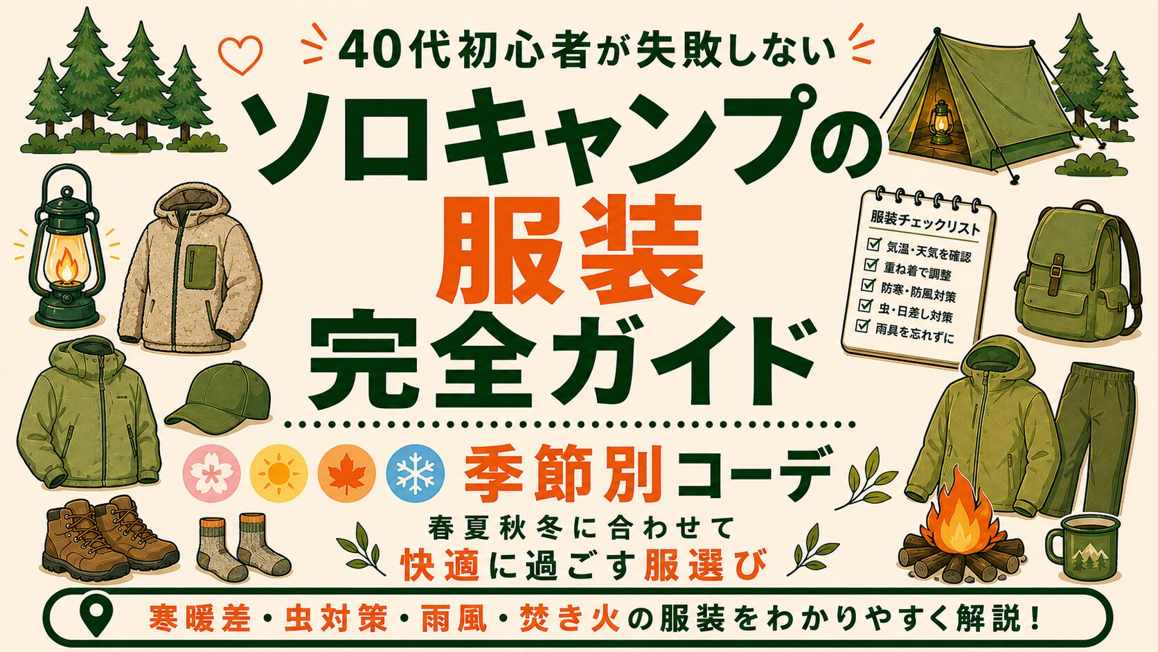 40代初心者向けに、ソロキャンプで失敗しない服装選びを季節別に紹介するアイキャッチ画像。