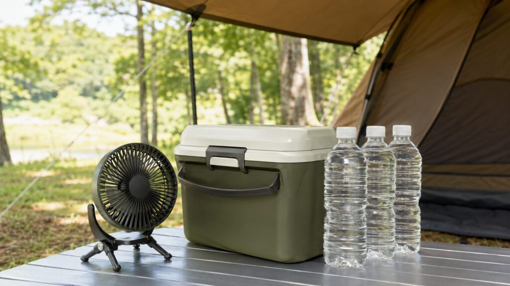 夏キャンプのテーブルに置かれた扇風機、クーラーボックス、ペットボトルの水。