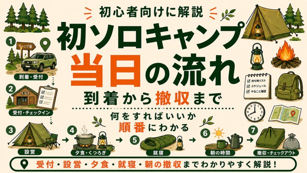 初ソロキャンプ当日の流れを、到着・受付・設営・夕食・就寝・朝の撤収まで順番に解説したイラスト画像。