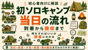 初ソロキャンプ当日の流れを、到着・受付・設営・夕食・就寝・朝の撤収まで順番に解説したイラスト画像。