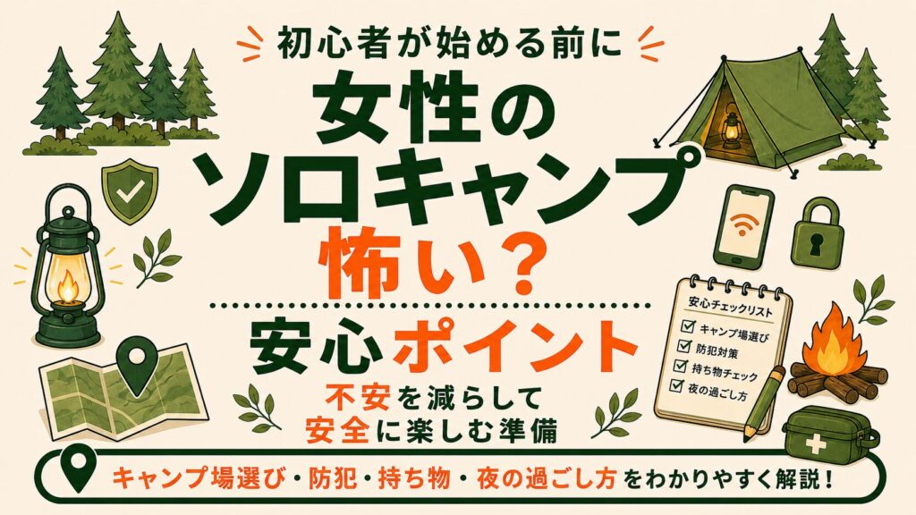 女性初心者向けに、ソロキャンプの不安を減らす安心ポイントを紹介するアイキャッチ画像。