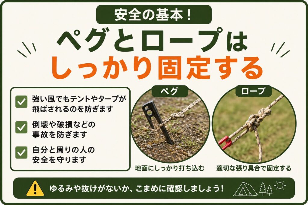 ペグとロープをしっかり固定する安全ポイントを解説したキャンプ画像。