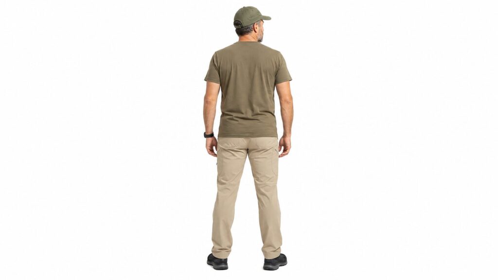 カーキのTシャツとベージュのパンツ、キャップを着た男性の後ろ姿。