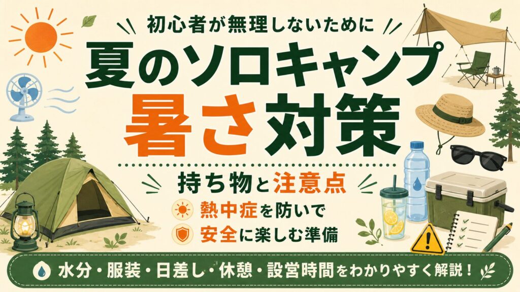 夏のソロキャンプの暑さ対策を、持ち物や注意点と一緒に解説したアイキャッチ画像。
