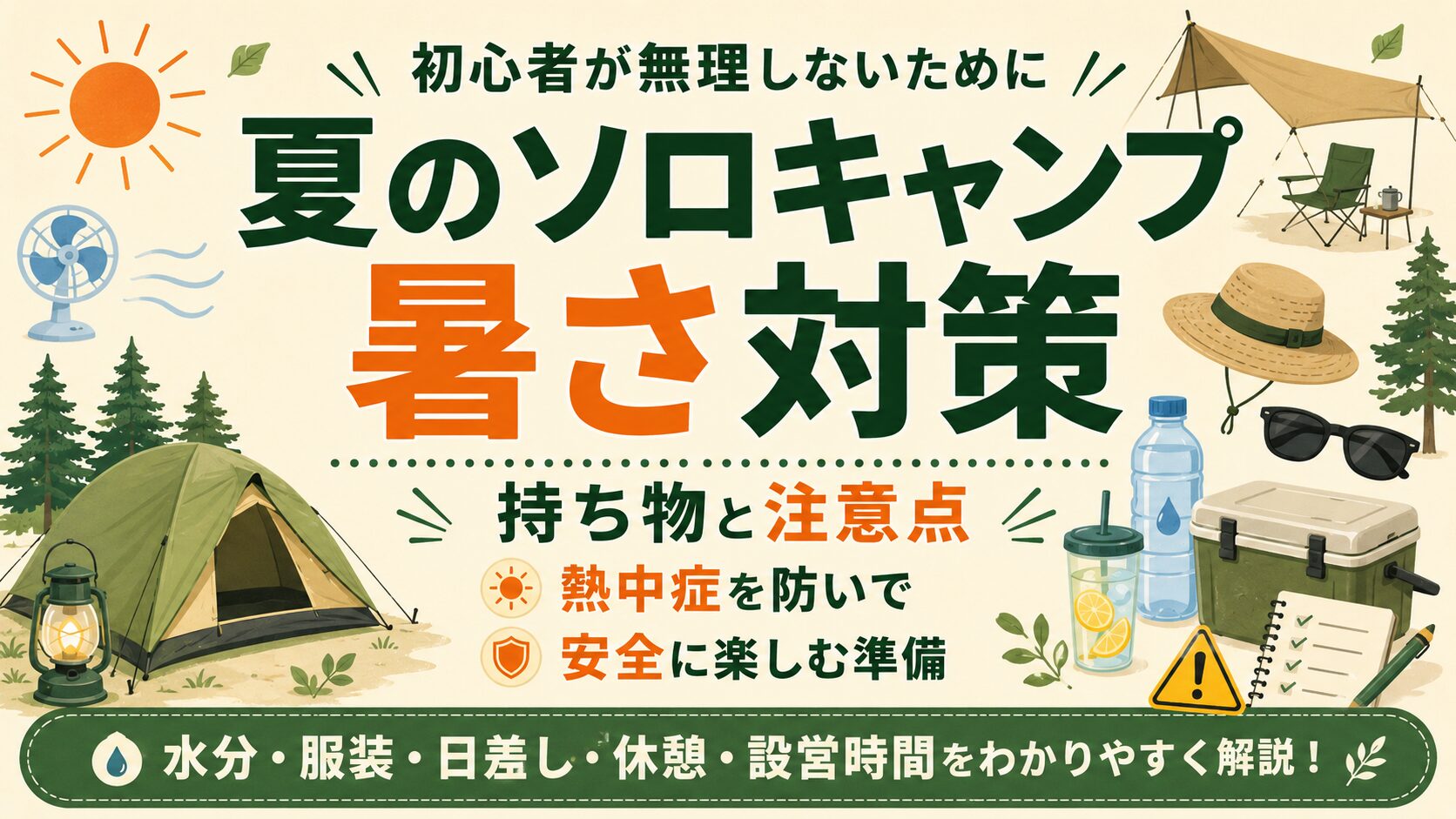 夏のソロキャンプの暑さ対策を、持ち物や注意点と一緒に解説したアイキャッチ画像。