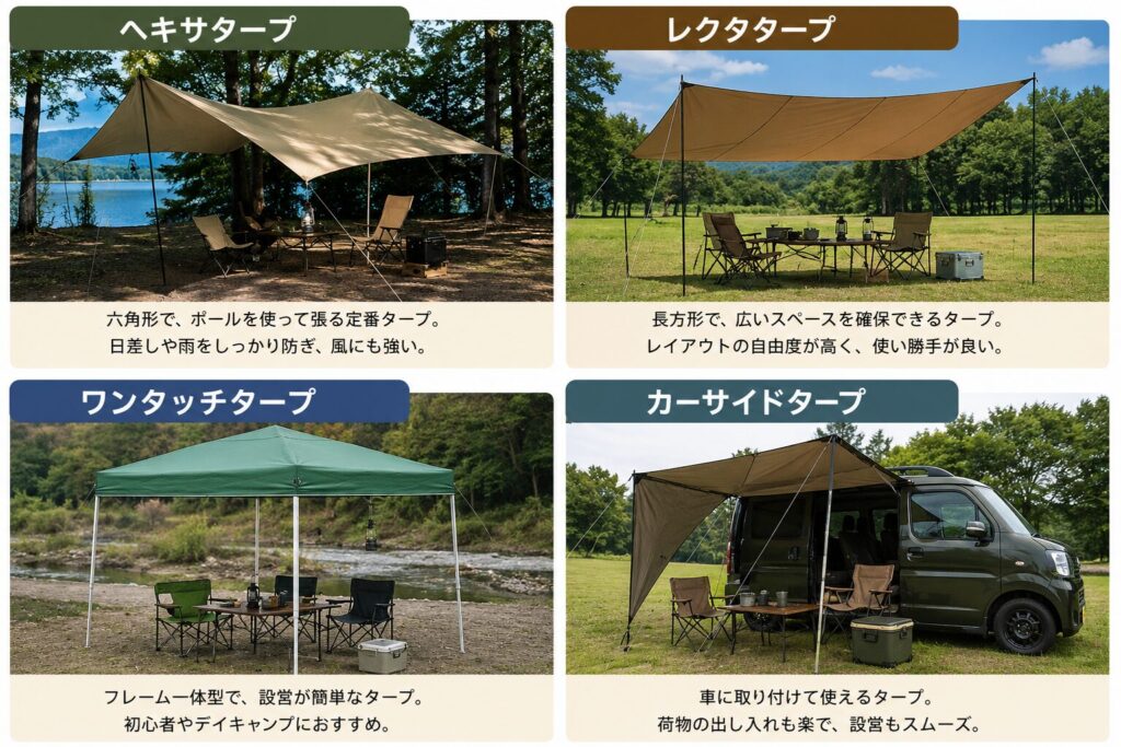 ヘキサタープ、レクタタープ、ワンタッチタープ、カーサイドタープの種類を比較した画像。