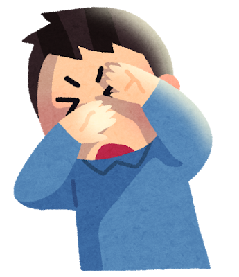 強い光を浴びて目を押さえる男性のイラスト。