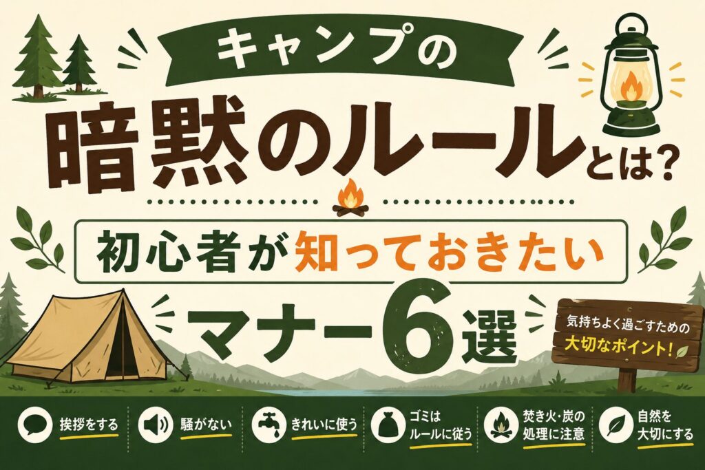キャンプの暗黙のルールと初心者向けマナー6選を紹介するタイトル画像。