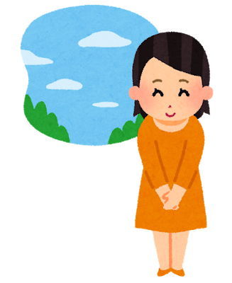 キャンプ場で笑顔で挨拶をする女性のイラスト。