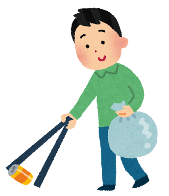 キャンプ場でゴミ袋とゴミ拾いトングを持つ男性のイラスト。
