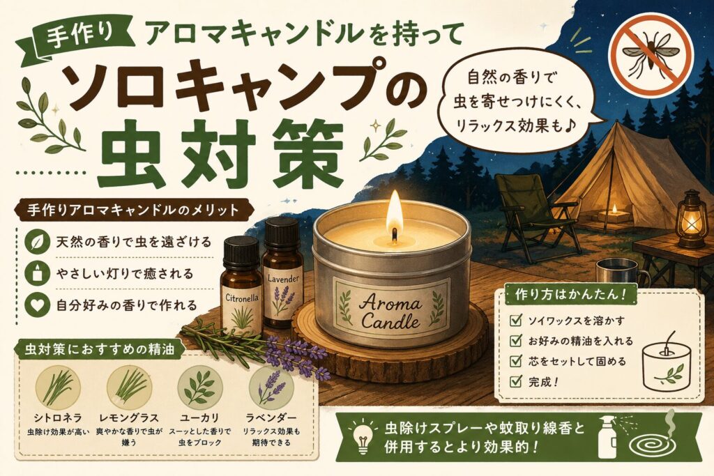 手作りアロマキャンドルでソロキャンプの虫対策を紹介するイラスト。おすすめ精油や作り方を解説。