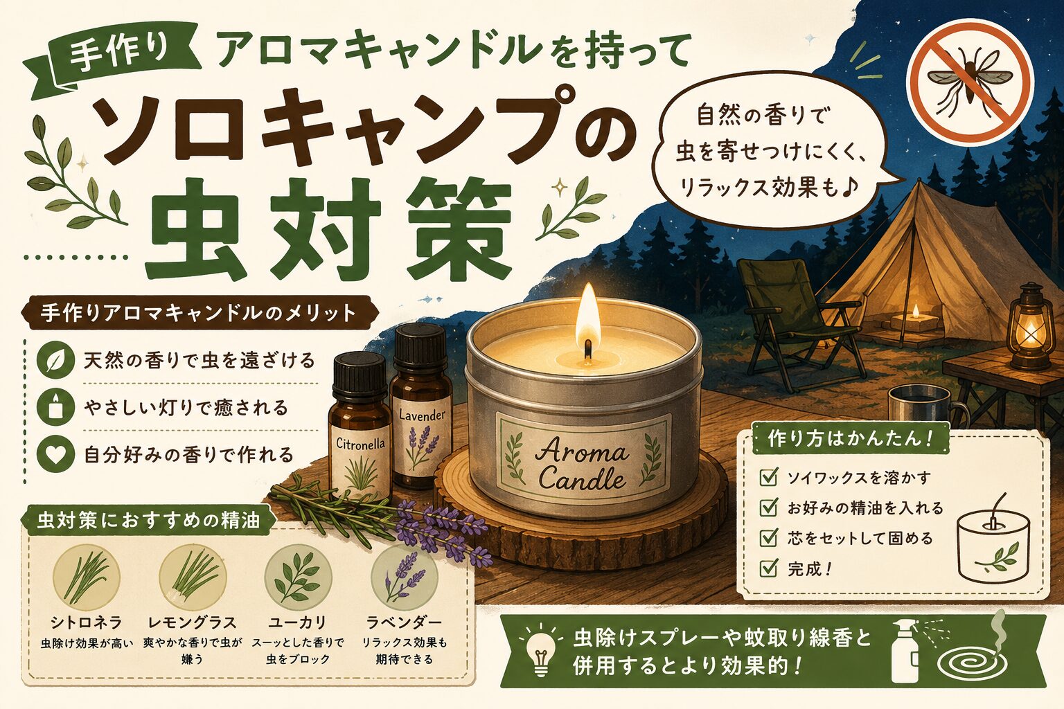 手作りアロマキャンドルでソロキャンプの虫対策を紹介するイラスト。おすすめ精油や作り方を解説。