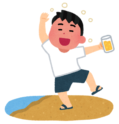 キャンプ場でお酒を飲みながら大声で騒ぐ男性のイラスト。