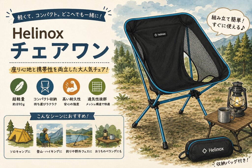 Helinox チェアワンの特徴を紹介するイラスト。