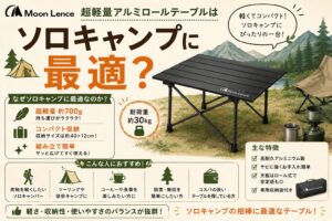 Moon Lence超軽量アルミロールテーブルの特徴を紹介するイラスト。軽量・コンパクト・高耐久でソロキャンプ向け。