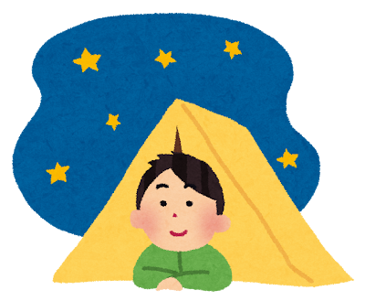 夜のキャンプでテントの前でくつろぐ男性のイラスト。