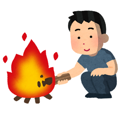 焚き火に薪をくべる男性のイラスト。