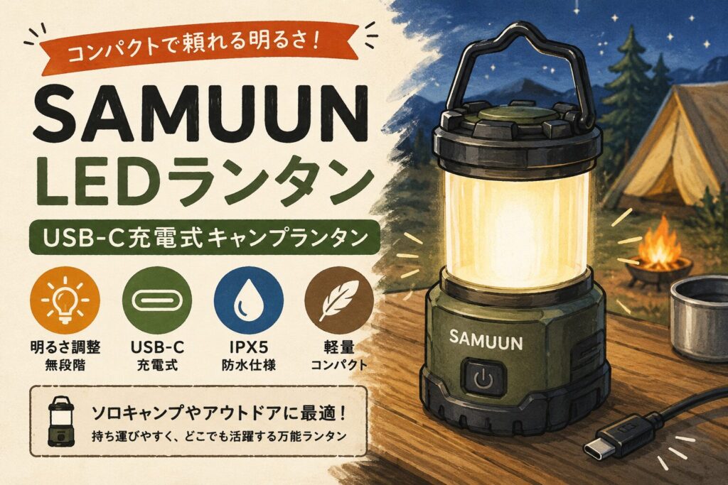 SAMUUN USB-C充電式LEDランタンの特徴を紹介するイラスト。